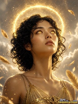 Under a cloudy sky, a woman with golden eyes looks up beneath a bright halo