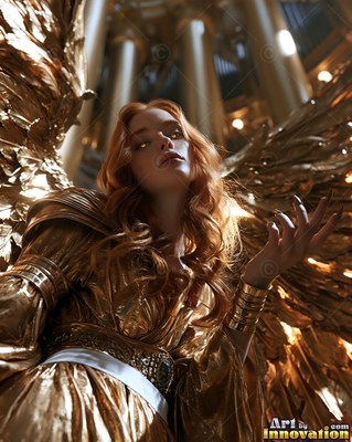 A winged woman dressed in a gold dress reaching her hand up toward columns
