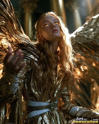 Golden wings spread behind a woman in a metallic gown standing under tall columns
