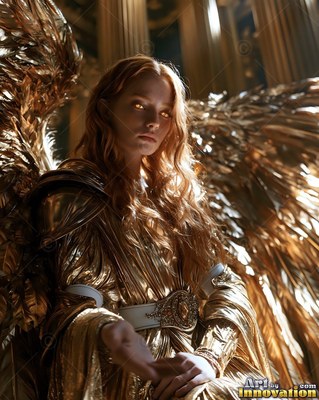 A winged woman rests her hands in gold robes as warm light shines on her wings