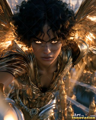 A winged woman dressed in gold armor stares forward with bright light in her eyes