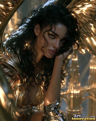 In a bright palace, a dark-haired woman rests her chin on her hand beside gold wings