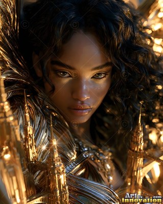 Looking forward, a woman with dark curly hair wears shiny gold armor and wings