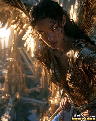 Woman with gold wings and armor looking ahead in sunlight