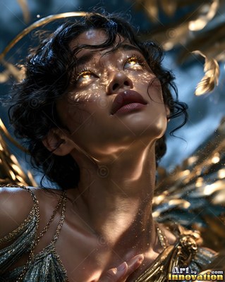 Golden light dappling her face, a dark-haired woman looks upward among drifting feathers
