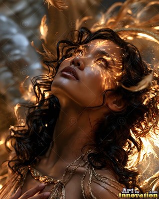 A woman looks upward as warm golden light shines across her face and dark hair