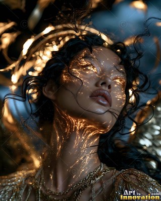 Head tilted back in the dark, a woman has golden light across her face
