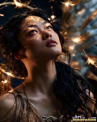 A dark-haired woman looks upward as golden light dapples her face