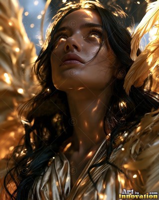 In soft golden light, a winged dark-haired woman looks upward with bright eyes