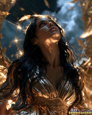 Looking upward, a dark-haired woman clad in a shining gold dress rests among small lights and wings