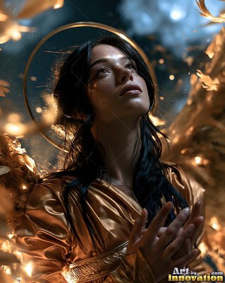 A woman with dark hair in a gold gown looking up with a halo