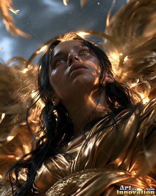 Golden fabric wraps around a dark-haired woman looking up into a stormy sky