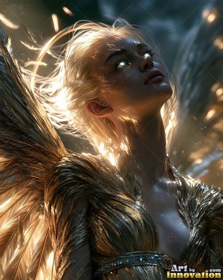 A winged woman looks upward as warm light shines across her golden feathers