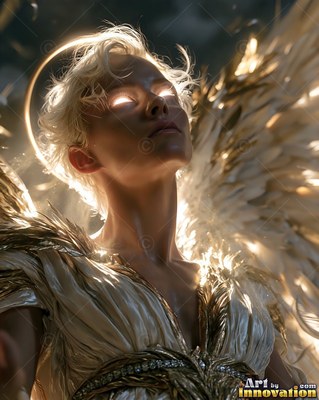 Tilted back in dark sky, a blonde woman shines with white eyes and golden wings