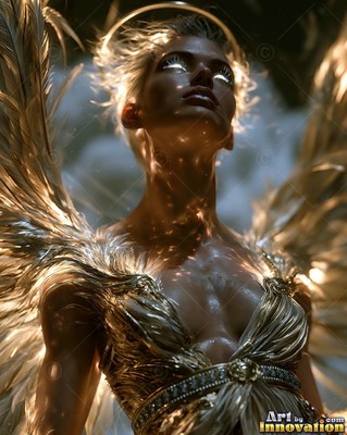 In the dark, a winged woman looks up with bright eyes and a gold halo