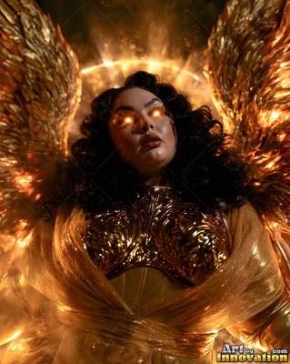 Looking upward with bright yellow eyes, a winged woman wears sculpted gold armor