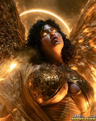 A winged woman in gold armor tilts her head back beneath a bright halo