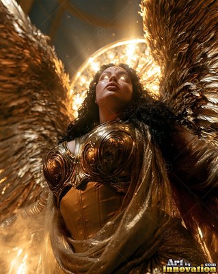 Wearing a shiny gold breastplate, a winged woman stands in the dark before a round bright light