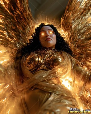 A winged woman looks down with bright eyes in yellow light