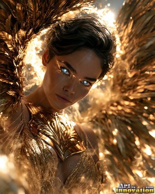 Facing forward in bright light, a winged woman wears gold armor