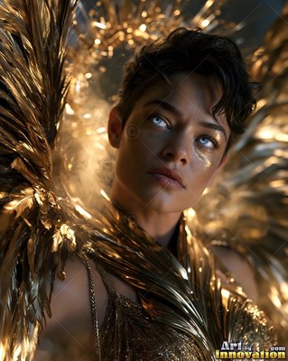 A short-haired woman looks up wearing gold wings and glitter around her eyes