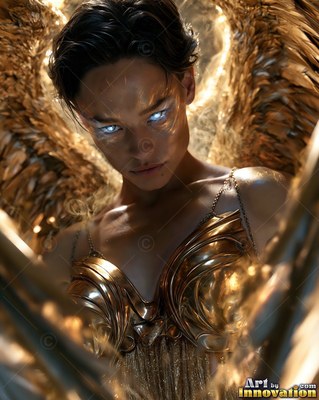 In warm shadows, a winged woman with bright eyes wears gold armor