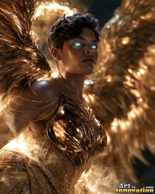 Looking upward with bright blue eyes, a woman wears gold armor and large feathered wings
