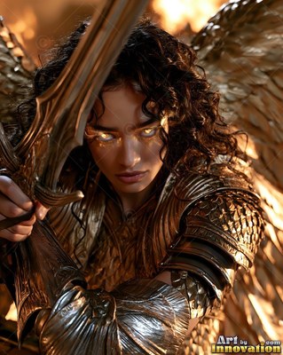 Woman with wings in gold armor holds up a sword