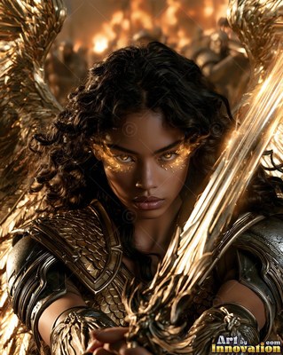 Bright sparks ring the eyes of a winged woman holding a shining sword in battle smoke