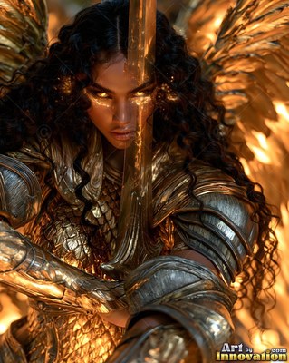 A winged woman in gold armor raises a sword before her face in bright light