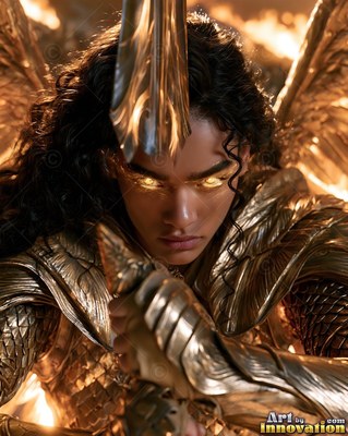 Crouching in golden armor on a battlefield, a winged woman holds a sword upward