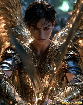 A short-haired woman in golden armor crosses two swords before her wings