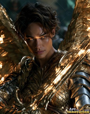 In a dark space, a winged woman clad in gold armor holds a bright sword