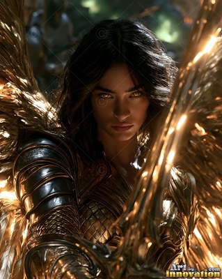 Holding a gold sword, a woman in armor stares forward with wide feathered wings