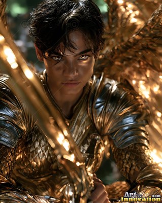 A short-haired woman in golden armor holds a sword
