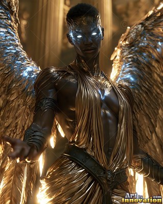 Draped in folded gold cloth, a dark-skinned winged woman stands before stone pillars