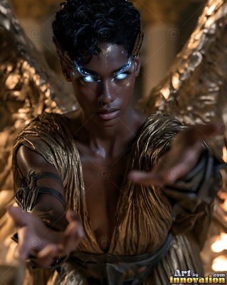A winged woman reaches her hands forward, her bright white eyes shining against the dark