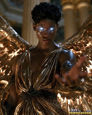 Reaching her hand out in a grand hall, a winged standing woman in gold