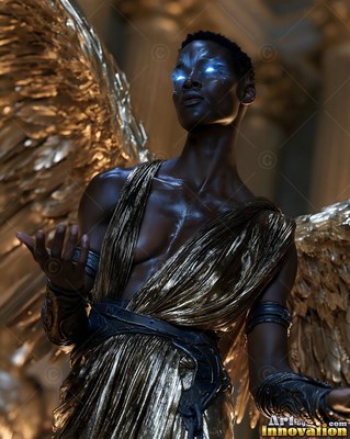 A dark-skinned winged woman in a bright gold dress looks up with bright blue eyes