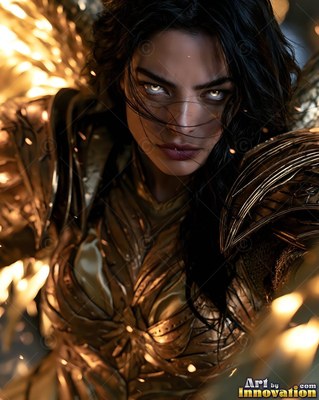 In dark smoke, a dark-haired woman in golden armor stares forward with pale eyes