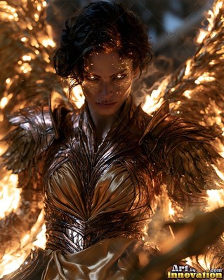 Staring ahead in bronze armor, a winged woman spreads fiery feathers