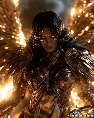 A dark-haired woman in bronze armor with bright fiery wings