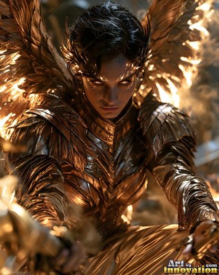 Tiered gold armor covers a crouched winged woman surrounded by dark battlefield smoke