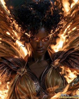 A winged Black woman stares forward in bronze armor surrounded by bright firelight
