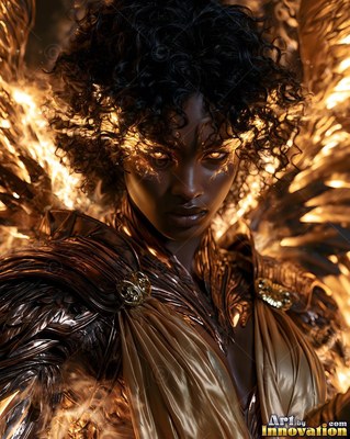 Facing forward in the dark, a winged Black woman wears bright gold armor