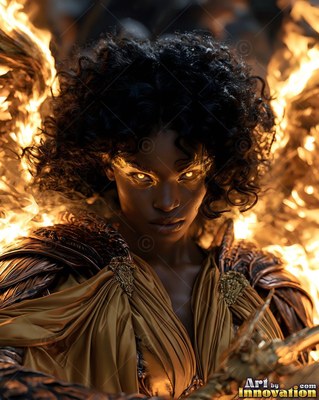 A dark-skinned woman with burning gold wings looks forward in gold cloth armor