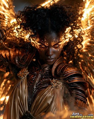 In swirling smoke, an armored Black woman with fiery eyes spreads golden wings