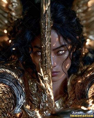 Peering past a gold blade, a dark-haired woman in armor stares ahead with white eyes