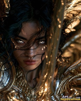 A dark-haired woman dressed in gold armor holds up a sword near her face