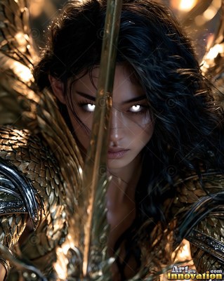 Gold scale armor covers a woman holding a thin blade in front of dark shadows